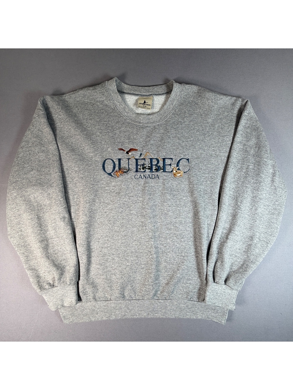VTG 90s Attraction Quebec Canada Sweatshirt Mens S Gray Embroidered Made Canada